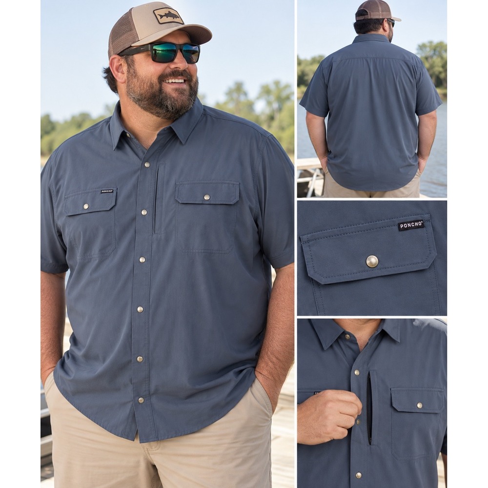 Poncho Outdoors Mens 3XL Short Sleeve Fishing Shirt Blue Gray Magnetic Pockets